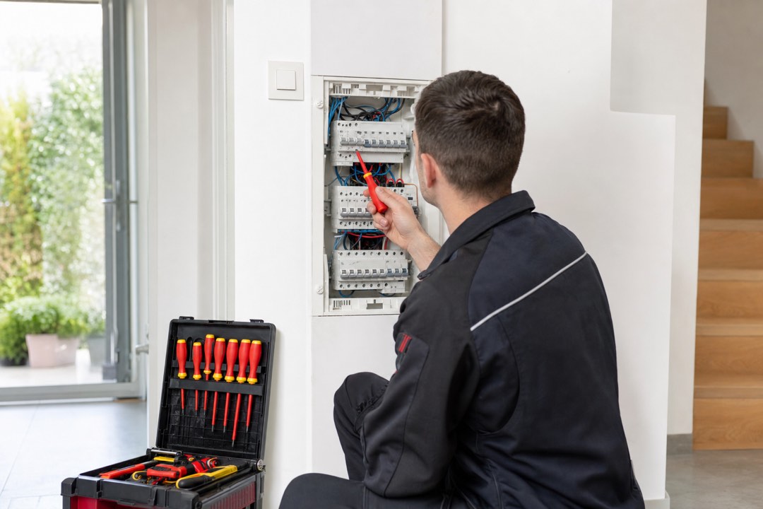 Électricien professionnel qui contrôle un tableau électrique dans une maison