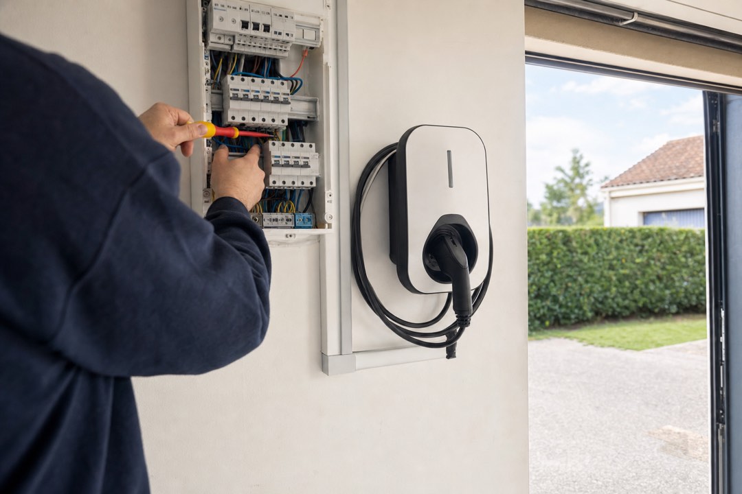 Borne de recharge murale pour véhicule électrique installée dans un garage