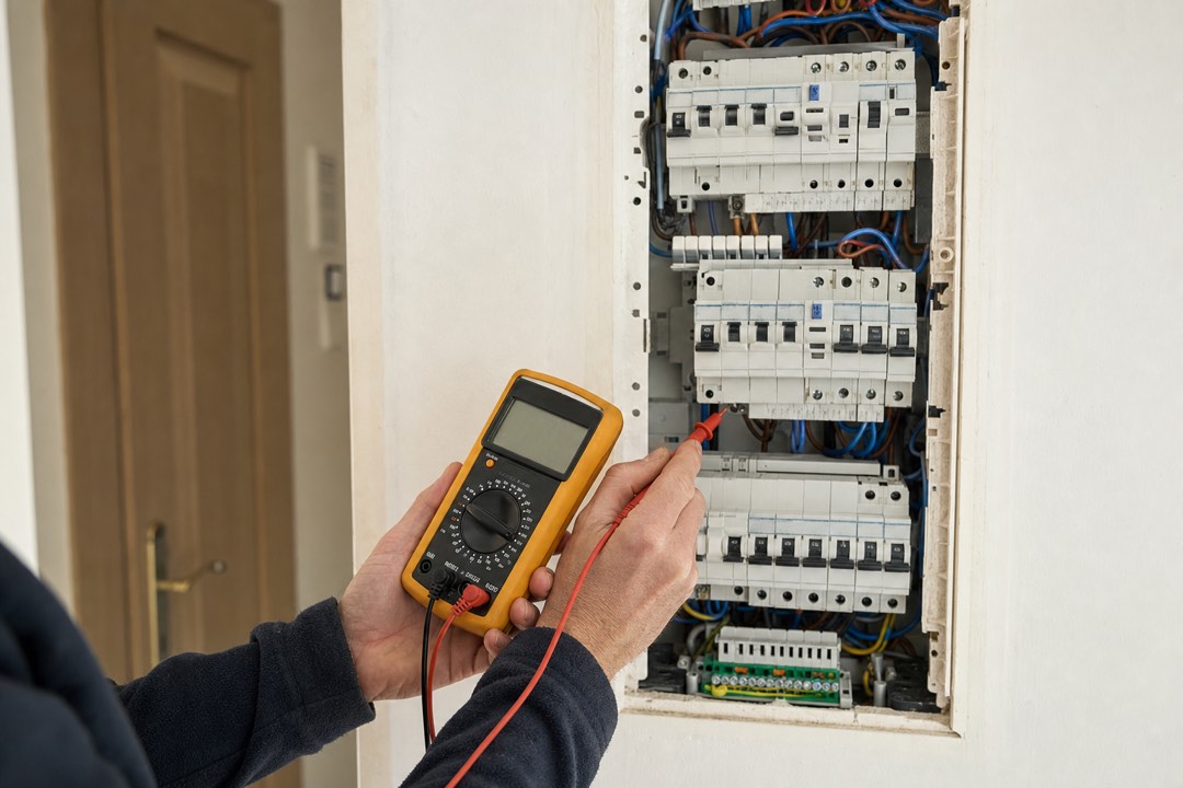 Tableau électrique domestique ouvert avec disjoncteurs modulaires et interrupteurs différentiels visibles