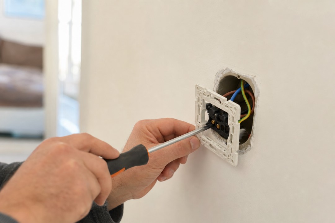 Une prise électrique murale ouverte montrant le câblage (phase, neutre, terre) dans une boîte d’encastrement