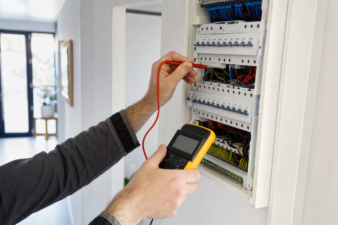 Électricien qui contrôle un tableau électrique au multimètre avant d’établir un devis