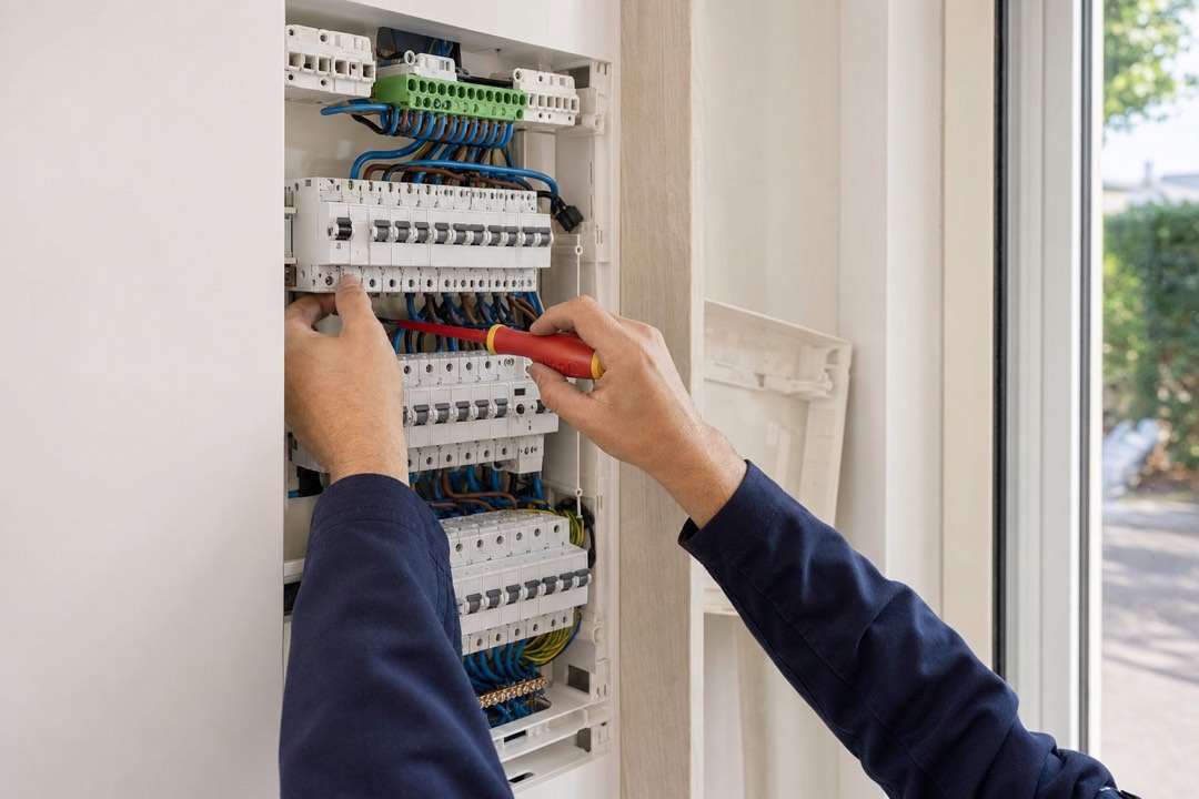 Un tableau électrique domestique ouvert dans une GTL, avec rangées de disjoncteurs et interrupteurs différentiels visibles